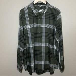 Cato Plaid Popover Roll Tab Sleeve Blouse Women Size XL Green White Black New